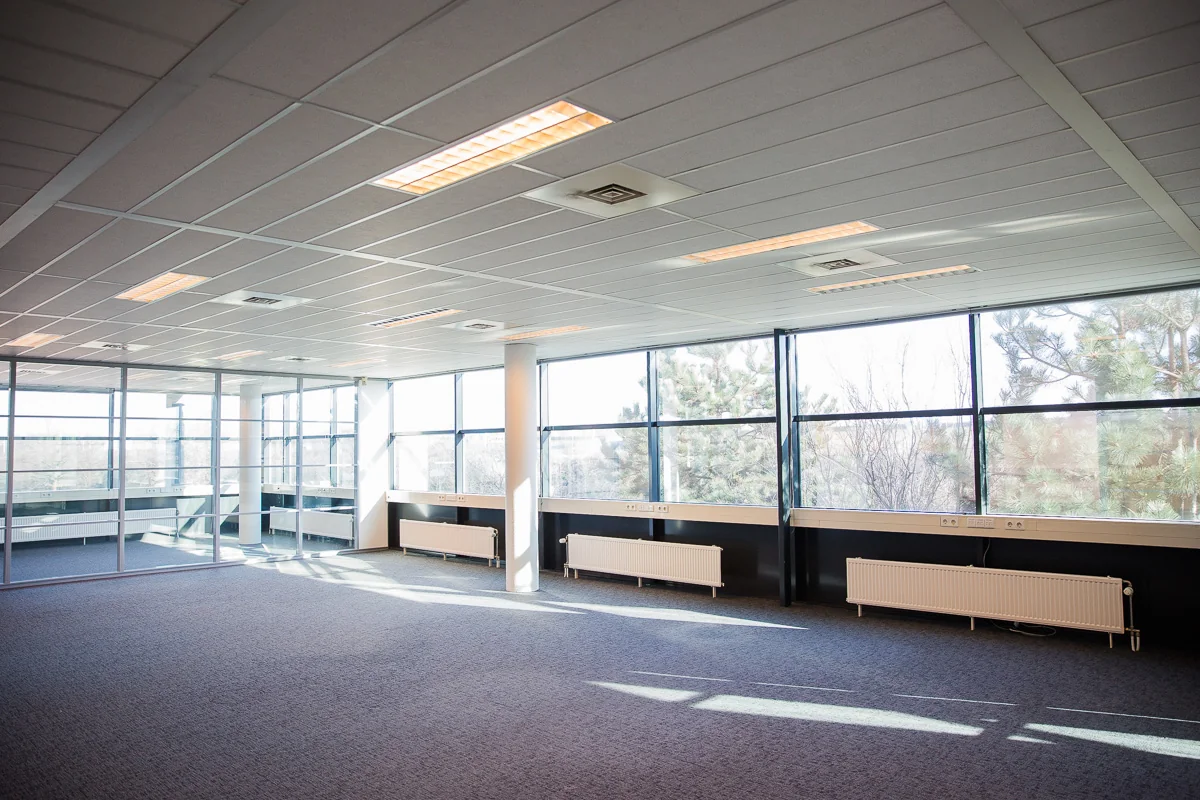 Licht en ruim kantoorpand aan de Laan van ’s-Gravenmade met grote raampartijen en blauw tapijt.